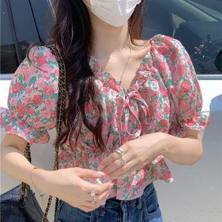 Puff-sleeve Floral Cropped Blouse Pink - One Size