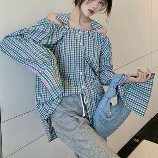 Long-sleeve Off - Shoulder Plaid Shirt Green & Pink - One Size
