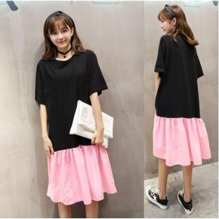 Two Tone Short Sleeve Ruffle Hem Midi Dress