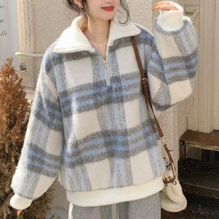 Turtleneck Plaid Half-zip Sweatshirt