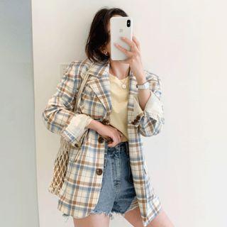 Single-breasted Checked Jacket Blue - One Size