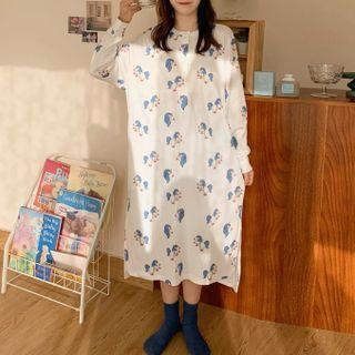 Long-sleeve Unicorn Print Midi Sleep Dress Blue & Pink & White - One Size