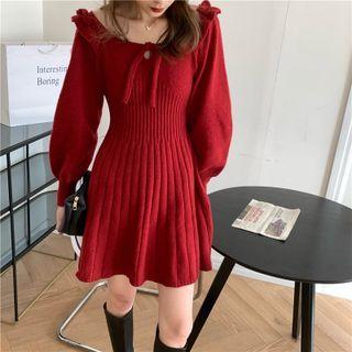 Long-sleeve Ruffle Trim Knit Dress Red - One Size