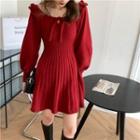 Long-sleeve Ruffle Trim Knit Dress Red - One Size