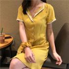 Button Short-sleeve A-line Dress Yellow - One Size