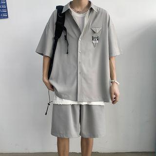 Set: Short-sleeve Applique Flap Pocket Shirt + Plain Drawstring Shorts