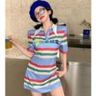 Short-sleeve Lettering Color-block Slim-fit Dress As Figure - One Size