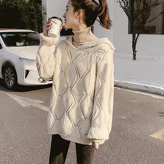 Pom Pom Knit Hoodie Beige - One Size