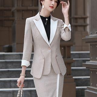 Houndstooth Blazer / Boot Cut Dress Pants / Fitted Skirt / 3/4-sleeve Blouse