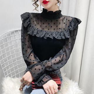 Long-sleeve Dot Print Mesh Panel Blouse