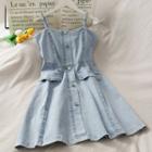 False-pocket Denim Sleeveless Mini Dress