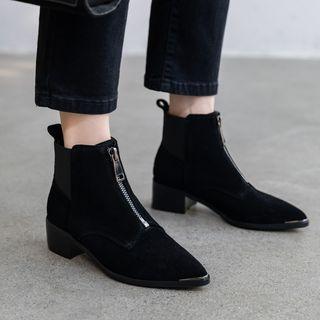 Genuine Leather Zip Pointed Low Heel Short Boots