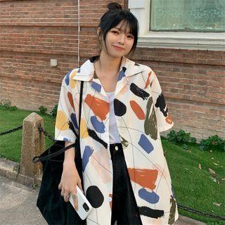 Elbow-sleeve Print T-shirt Blue & Pink & Yellow - One Size