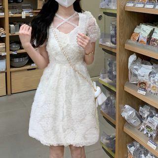 Puff-sleeve Cross Strap A-line Lace Dress