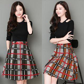 Cutout Shoulder Plaid Panel A-line Dress
