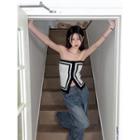 Off-shoulder Two Tone Knit Top Black & White - One Size