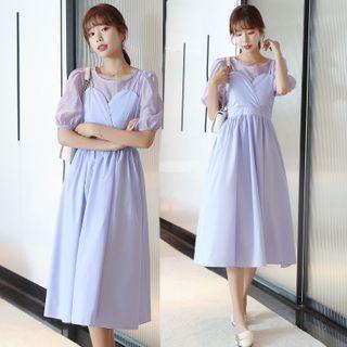 Set: Puff Sleeve See-through Top + Spaghetti-strap A-line Dress