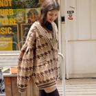 Puff-sleeve Houndstooth Boxy Cardigan Brown - One Size