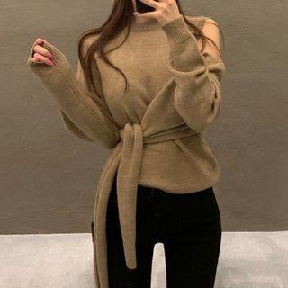 Long-sleeve Cold-shoulder Sashed Knit Top