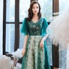 Embellished V-neck Short-sleeve A-line Evening Gown