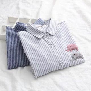 Elephant Applique Striped Long-sleeve Shirt