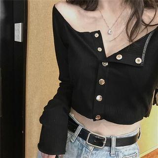 Plain Off-shoulder Single-breasted Slim-fit Long-sleeve T-shirt
