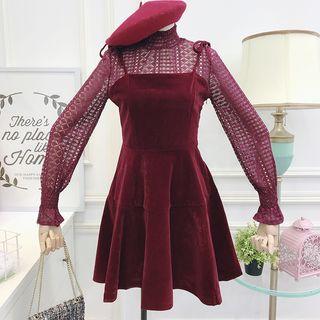 Set: High-neck Lace Top + Sleeveless Velvet Dress