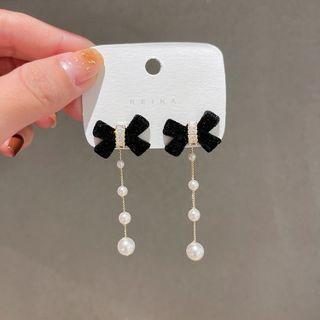 Ribbon Beaded Earring 1 Pair - Silver Needle - Black - One Size