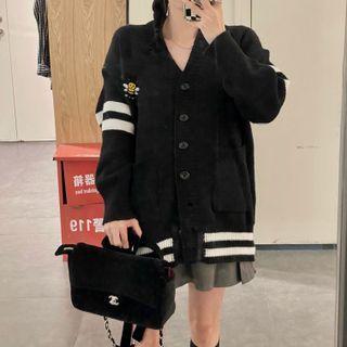 Long-sleeve Contrast Trim Knit Cardigan / Pleated A-line Mini Skirt