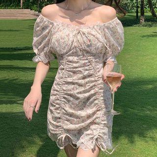 Puff-sleeve Floral Print Mini Sheath Dress / Top