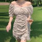 Puff-sleeve Floral Print Mini Sheath Dress / Top
