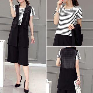 Set: Striped Short Sleeve T-shirt + Plain Vest + Culottes