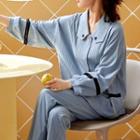Loungewear Set : Long-sleeve Cutout Heart Print Shirt + Pants