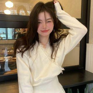 Long-sleeve V-neck Sweater Almond - One Size