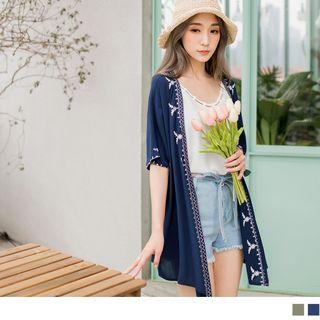 Open-front Short Sleeve Embroidered Cover-up
