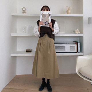 Fly-front Pleated A-line Long Skirt