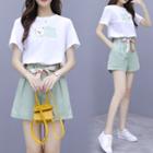 Set: Printed Short-sleeve T-shirt + High-waist Shorts