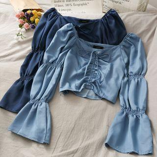 Boatneck Bell-sleeve Drawstring Crop Top