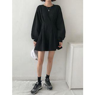 Balloon-sleeve Pintuck-detail Mini Dress