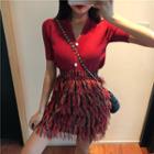 V-neck Short-sleeve Knit Jacket / High Waist Mini Skirt