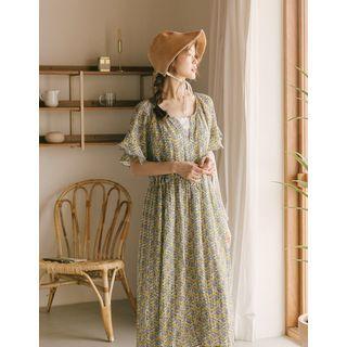 Crystal-pleat Floral Long Dress Yellow - One Size