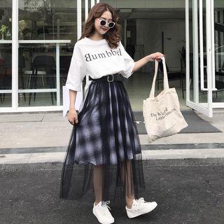 Set: Elbow-sleeve Lettering T-shirt + A-line Mesh Overlay Skirt