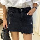 Zip-detail Raw-hem Mini Denim Skirt
