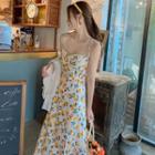 Floral Print Slim-fit Slit Spaghetti-strap Dress
