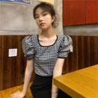 Plaid Puff-sleeve Cropped Top As Shown In Figure - One Size