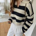 Collared Stripe Cropped Knit Top