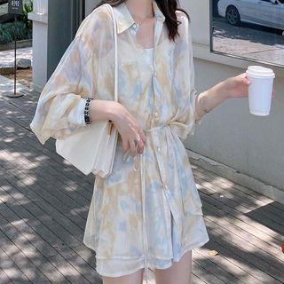 Set: Long Sleeve Printed Shirtdress + Shorts