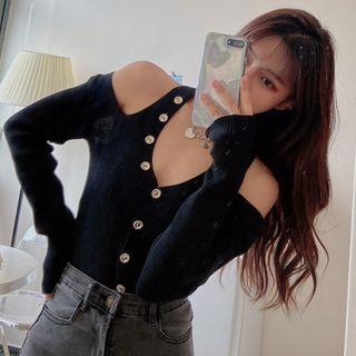 Long-sleeve Cold Shoulder Button-up Knit Top