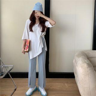 Short-sleeve Plain Split T-shirt / High-waist Plain Straight Cut Split Pants