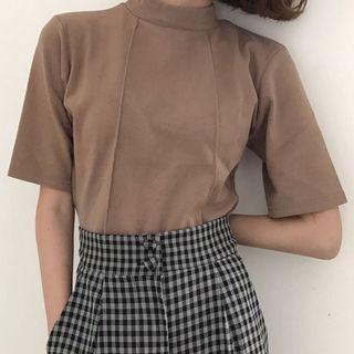 Plain Elbow Sleeve Mock Neck T-shirt